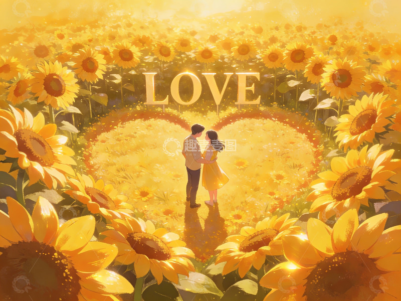 高清大图下载【趣麦麦图】情侣在向日葵花田中相拥