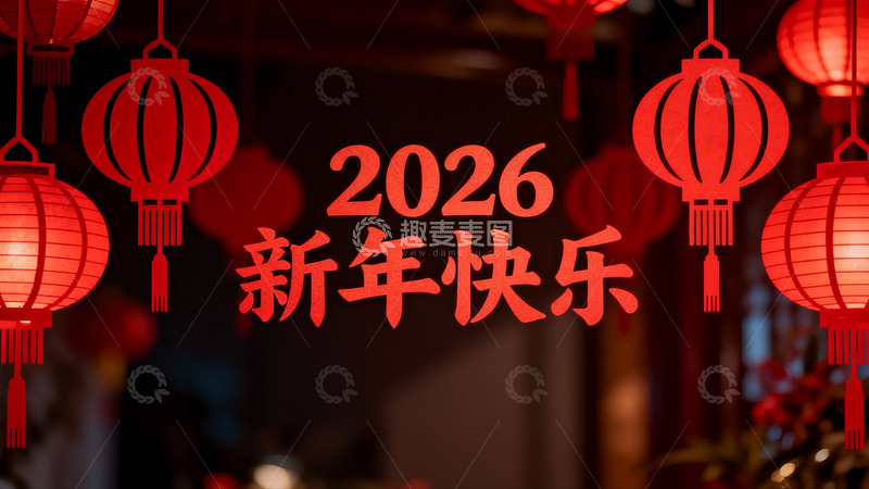 高清大图下载【趣麦麦图】红灯笼映衬新年快乐字样