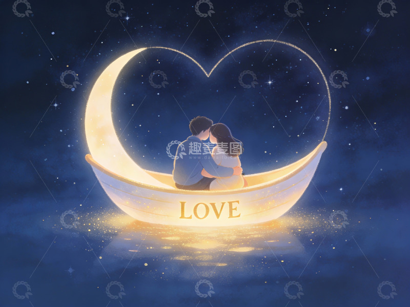 高清大图下载【趣麦麦图】情侣月下共坐心形月亮