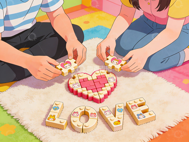 高清大图下载【趣麦麦图】两人拼装爱心积木