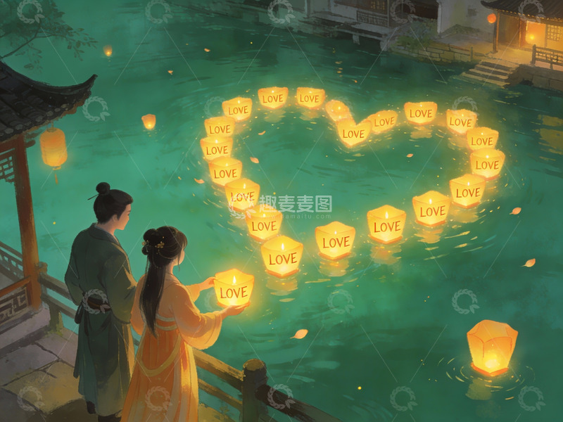 高清大图下载【趣麦麦图】情侣放河灯祈愿爱情