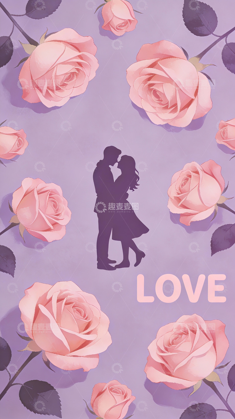 高清大图下载【趣麦麦图】情侣剪影与玫瑰花背景