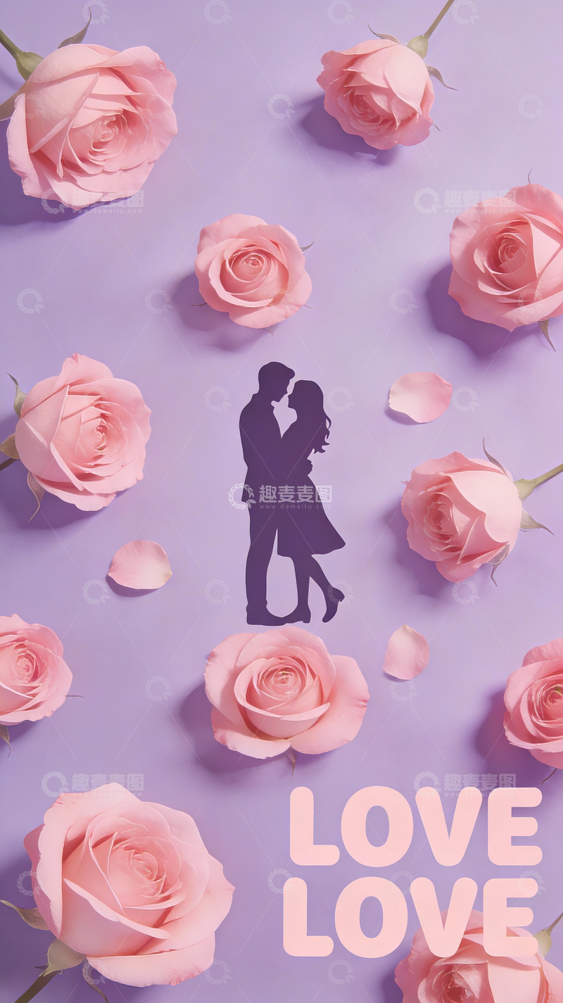 高清大图下载【趣麦麦图】情侣剪影与玫瑰花背景