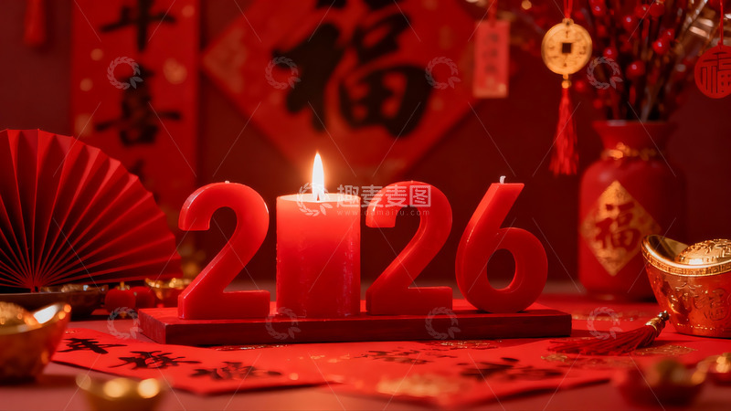 高清大图下载【趣麦麦图】新年红色装饰与数字蜡烛