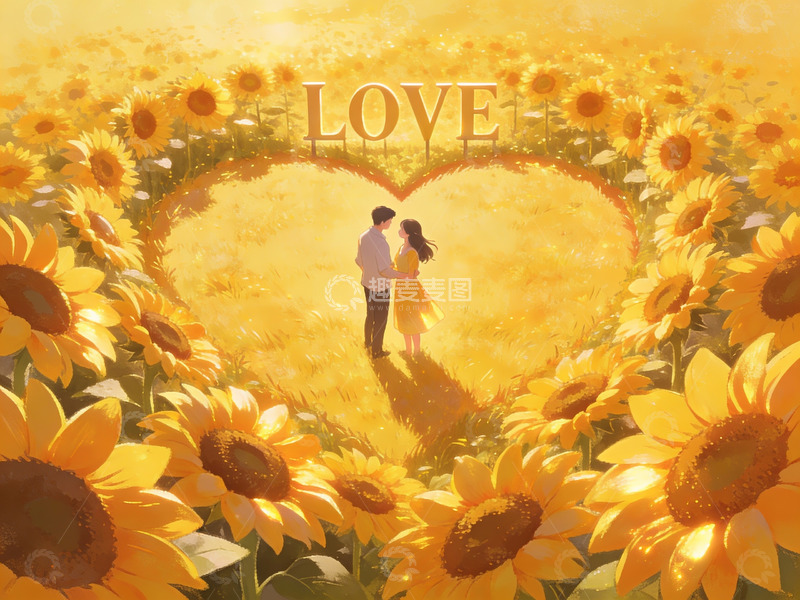 高清大图下载【趣麦麦图】向日葵花田中的情侣