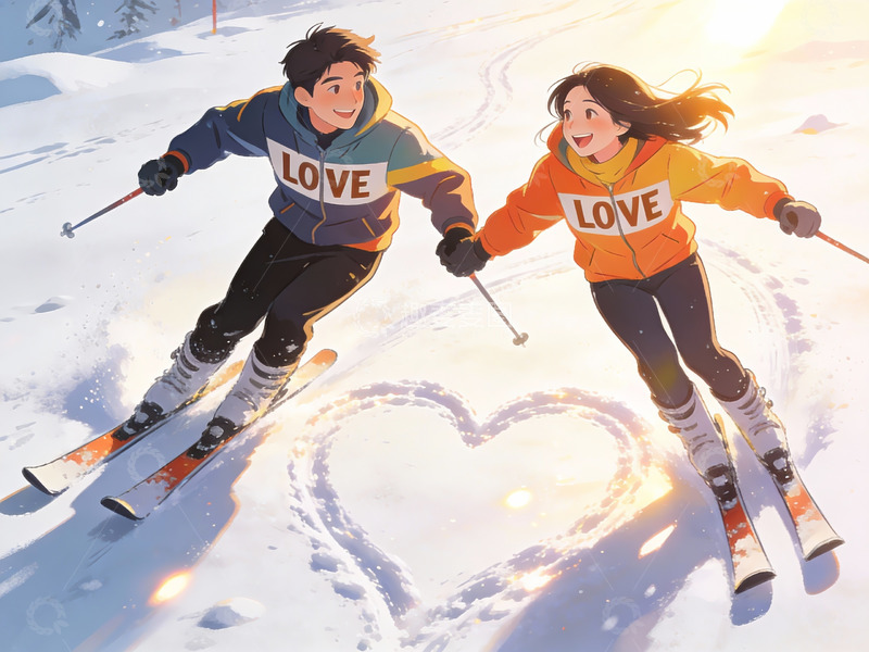 高清大图下载【趣麦麦图】滑雪情侣雪地爱心图案