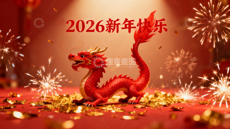 高清大图下载【趣麦麦图】红色龙形摆件烟花庆祝新年
