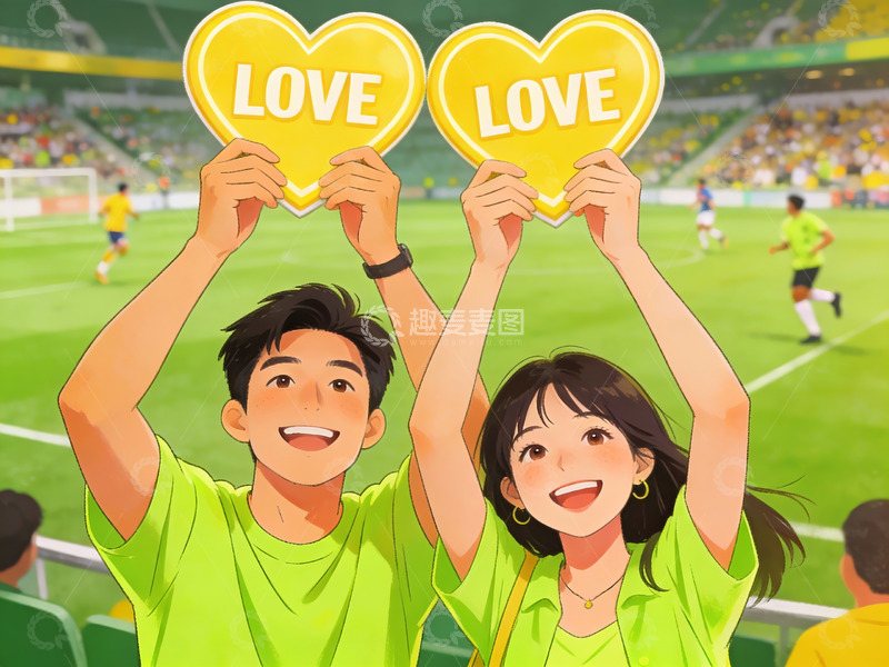 高清大图下载【趣麦麦图】情侣在体育场举爱心牌