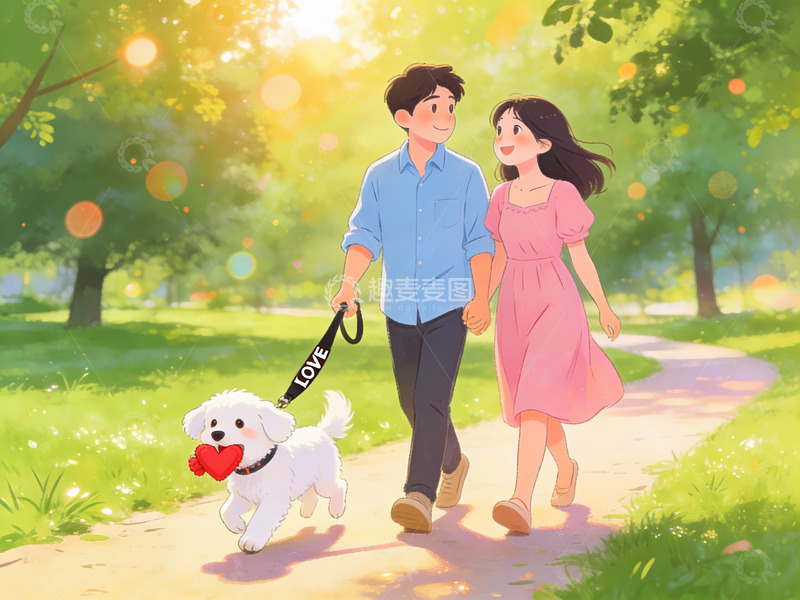 高清大图下载【趣麦麦图】情侣牵狗散步公园