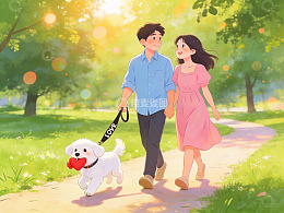 情侣牵狗散步公园