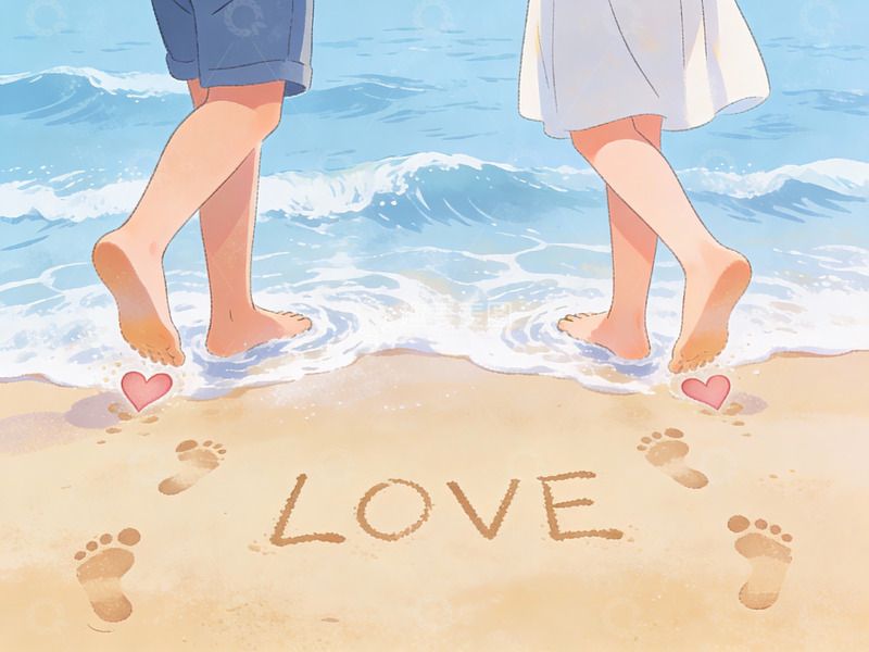 高清大图下载【趣麦麦图】情侣沙滩牵手留爱字
