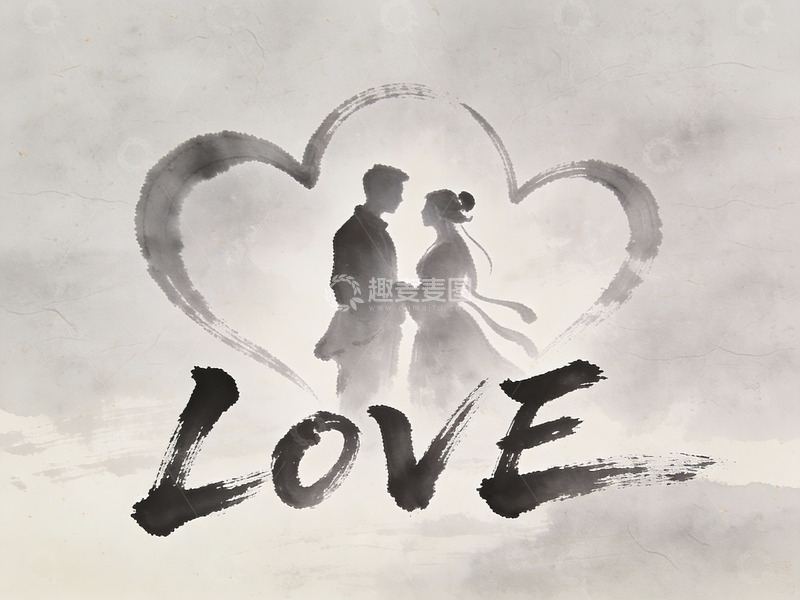 高清大图下载【趣麦麦图】水墨风格情侣剪影与爱字