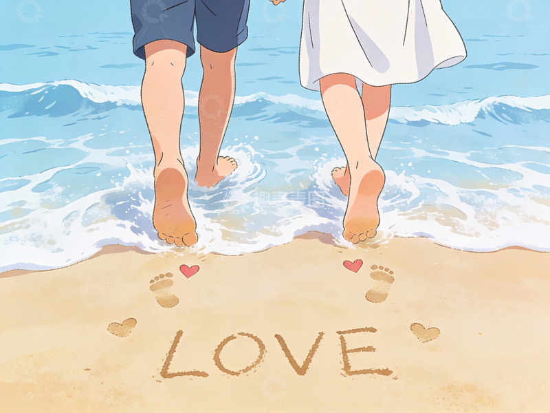 高清大图下载【趣麦麦图】情侣沙滩踏浪留爱痕