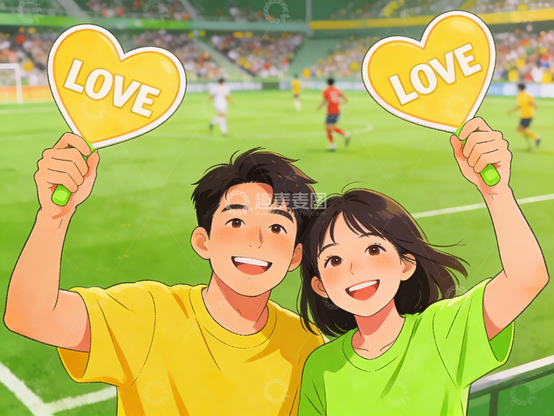 高清大图下载【趣麦麦图】情侣在体育场举爱心牌