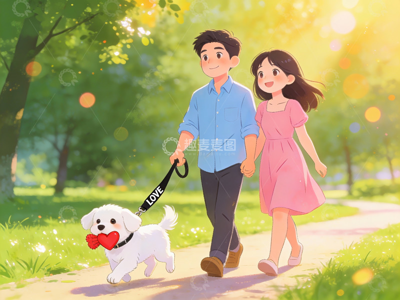 高清大图下载【趣麦麦图】情侣牵狗公园散步