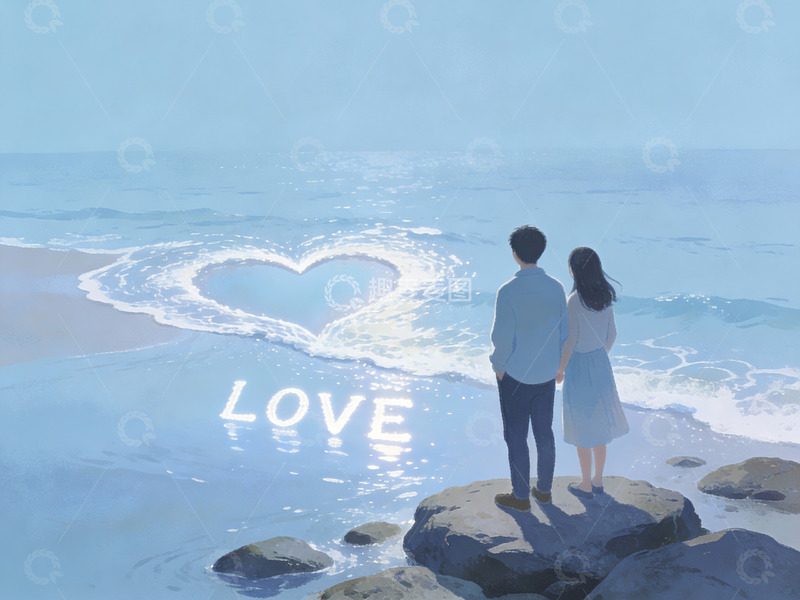 高清大图下载【趣麦麦图】情侣海边观心形浪花