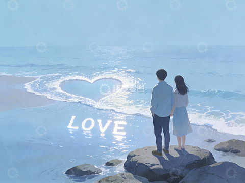 情侣海边观心形浪花