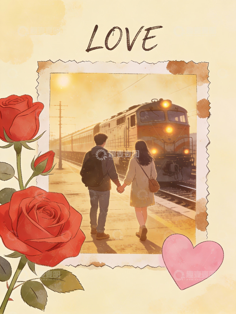 高清大图下载【趣麦麦图】情侣牵手火车站旁