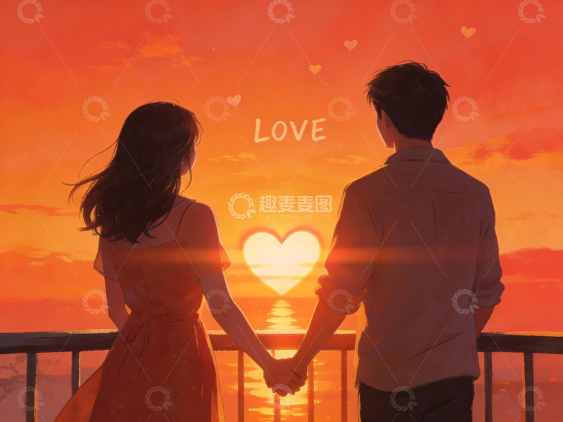 高清大图下载【趣麦麦图】情侣牵手看日落