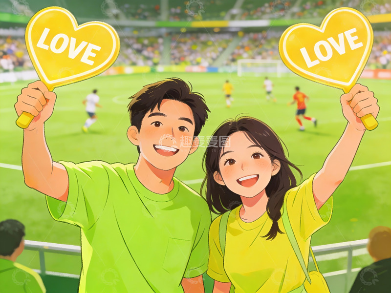 高清大图下载【趣麦麦图】情侣在体育场举爱心牌欢呼