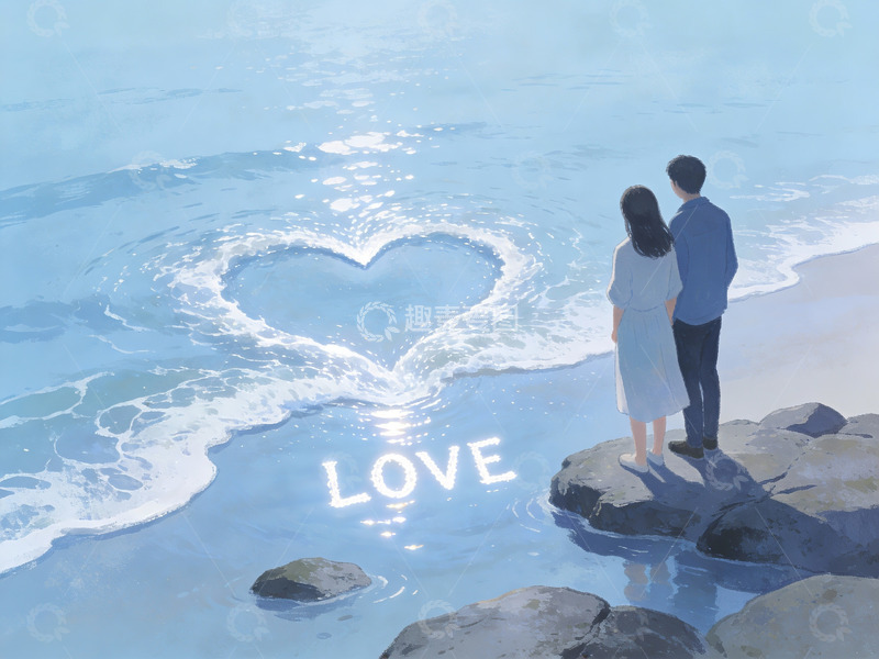 高清大图下载【趣麦麦图】情侣海边心形浪花