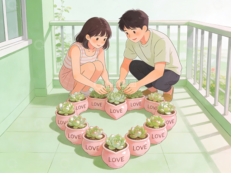 高清大图下载【趣麦麦图】情侣在阳台种植多肉植物