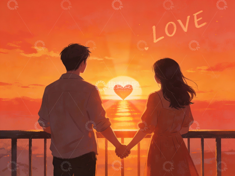 高清大图下载【趣麦麦图】情侣牵手看日落