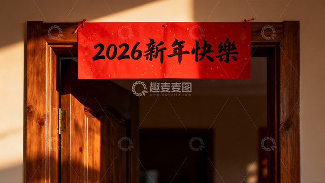 新年祝福挂于木门之上