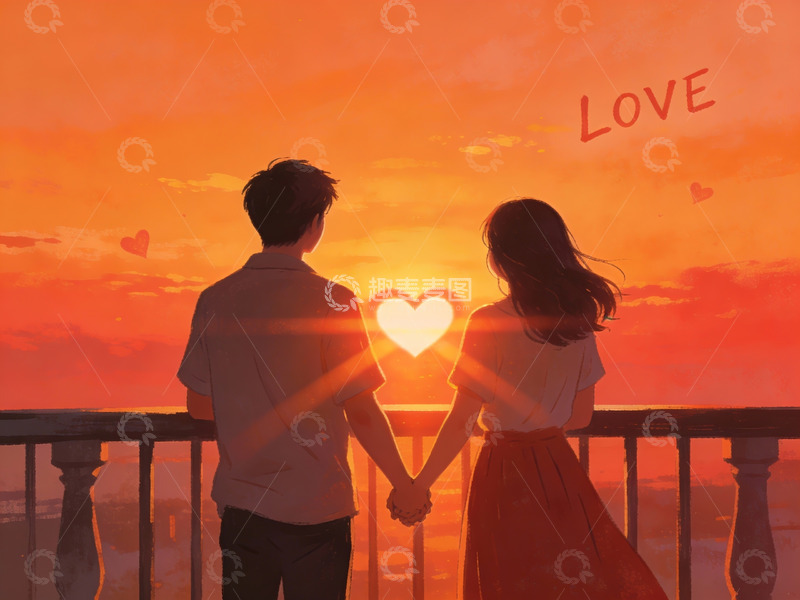 高清大图下载【趣麦麦图】情侣牵手观赏日落