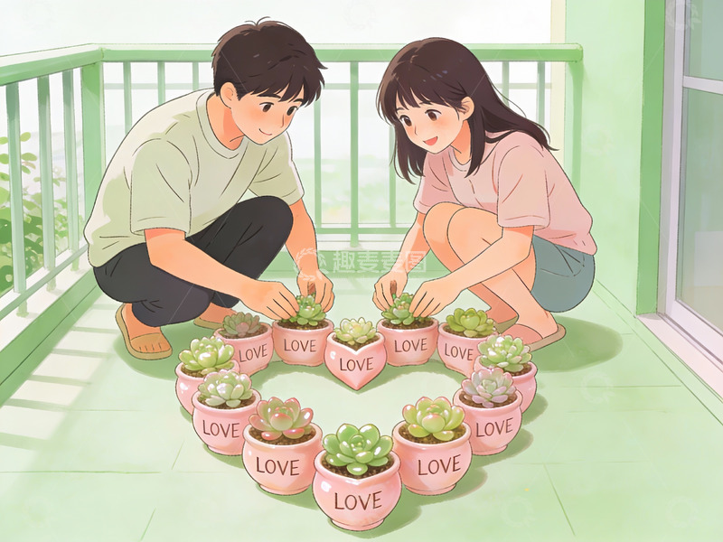 高清大图下载【趣麦麦图】情侣在阳台种植多肉植物