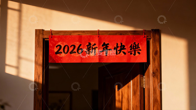 新年祝福挂于木门之上