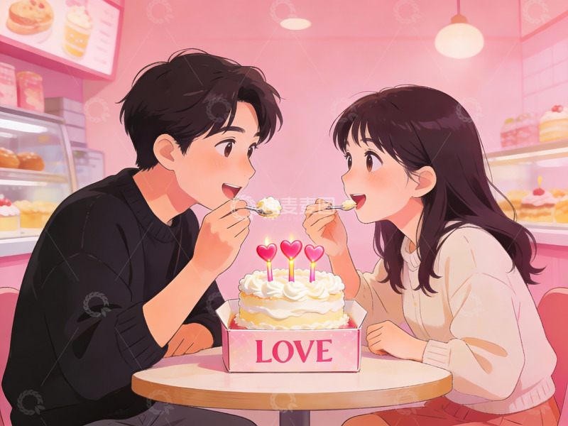 高清大图下载【趣麦麦图】情侣共进甜点温馨时刻