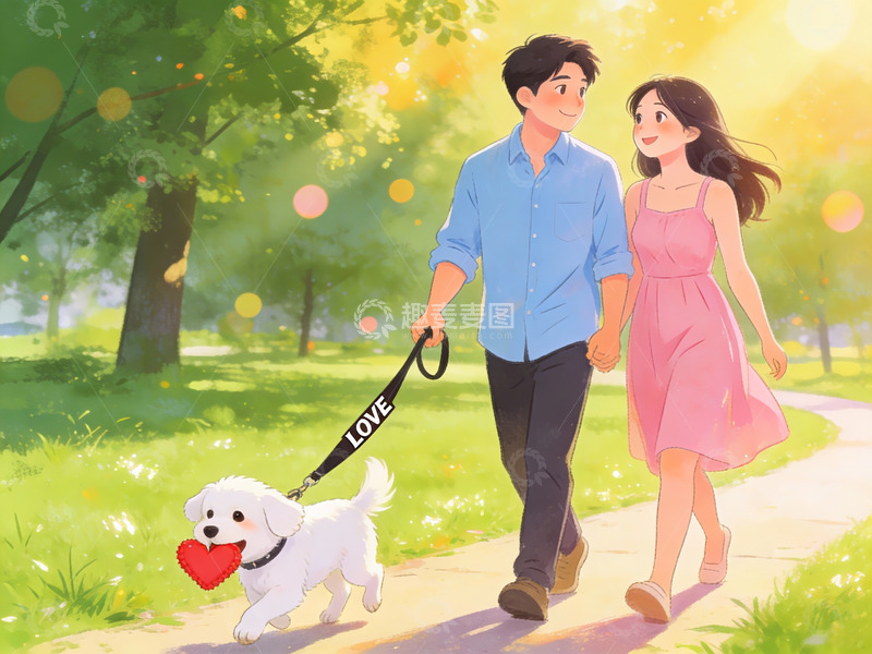高清大图下载【趣麦麦图】情侣牵狗散步公园