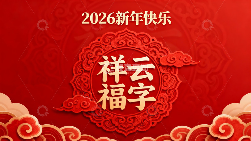 高清大图下载【趣麦麦图】2026新年红色祥云福字海报