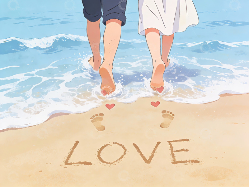 高清大图下载【趣麦麦图】沙滩上的情侣脚印与爱字