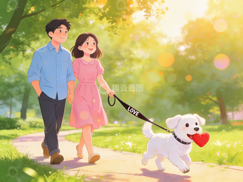 高清大图下载【趣麦麦图】情侣牵狗散步公园