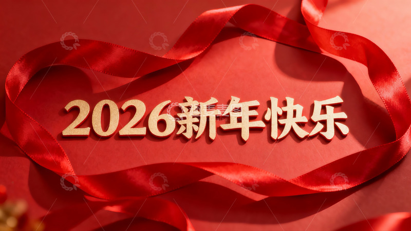 高清大图下载【趣麦麦图】红色丝带环绕新年祝福