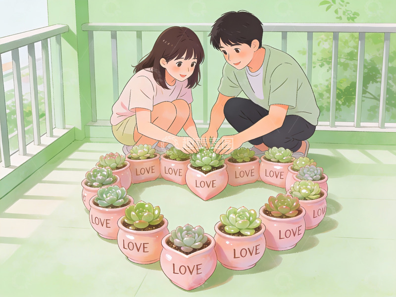 高清大图下载【趣麦麦图】情侣在阳台种植多肉植物