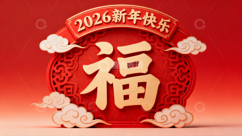 高清大图下载【趣麦麦图】2026新年快乐红色福字装饰