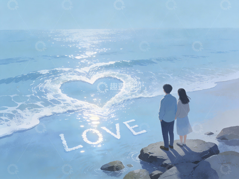 高清大图下载【趣麦麦图】海边情侣眺望心形浪花