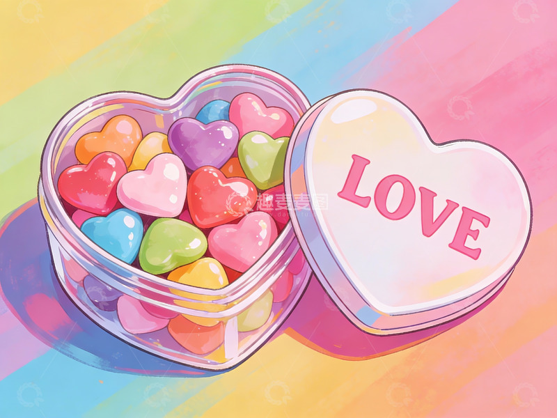 高清大图下载【趣麦麦图】心形糖果盒装满彩色爱心糖