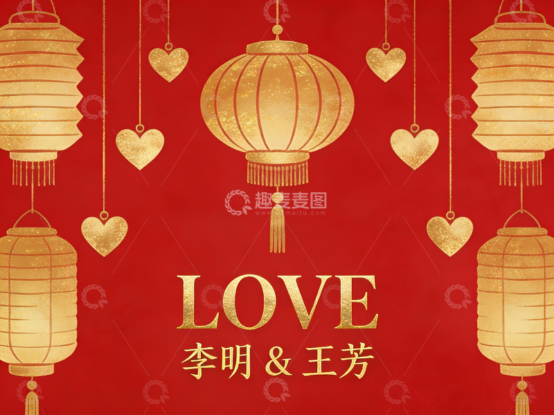 高清大图下载【趣麦麦图】红色背景上的金色灯笼与心形装饰