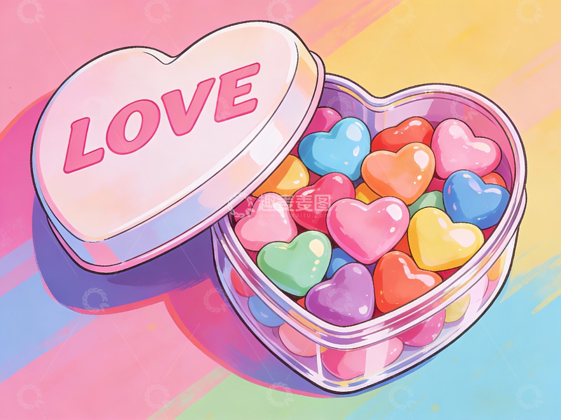 高清大图下载【趣麦麦图】心形糖果盒装满彩色爱心糖