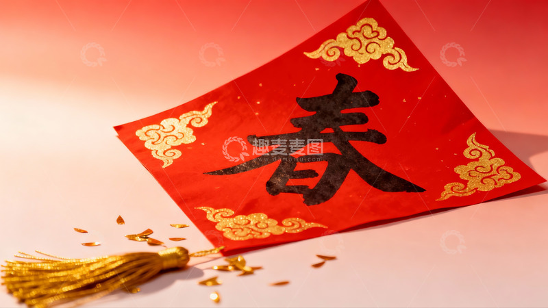 高清大图下载【趣麦麦图】红色春字福贴与金色流苏