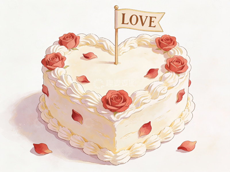 高清大图下载【趣麦麦图】心形蛋糕装饰玫瑰与旗帜
