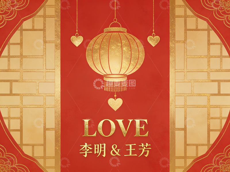 高清大图下载【趣麦麦图】红色喜庆背景下的爱情主题装饰