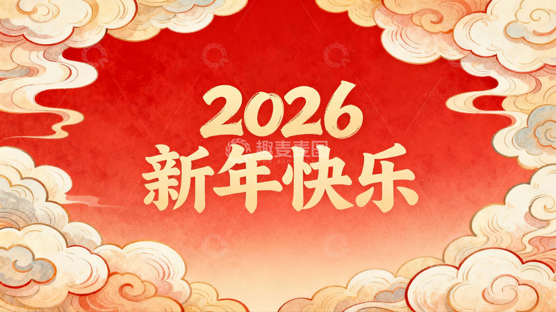 高清大图下载【趣麦麦图】2026新年快乐红色背景云纹装饰