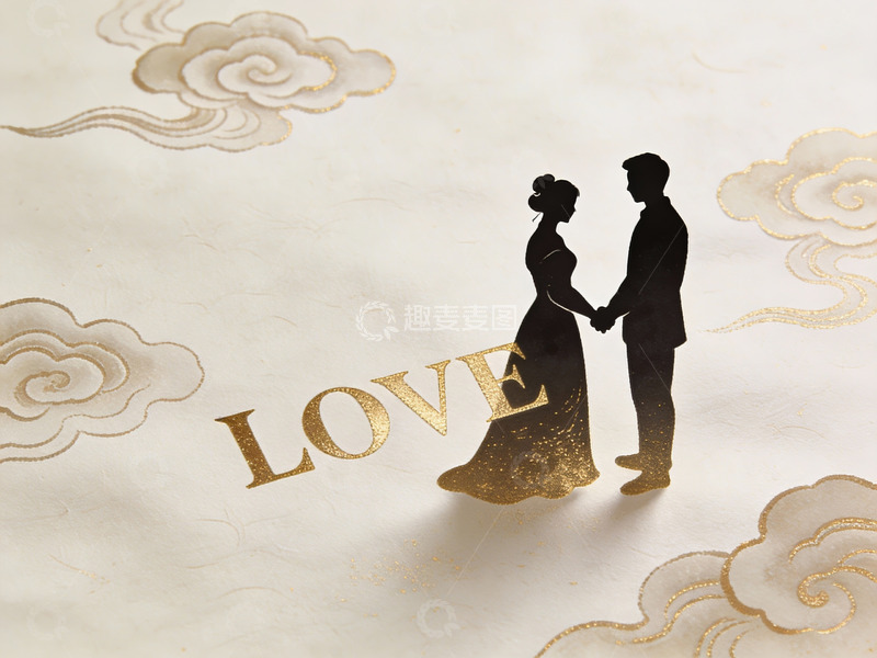 高清大图下载【趣麦麦图】情侣剪影与金色爱情字样