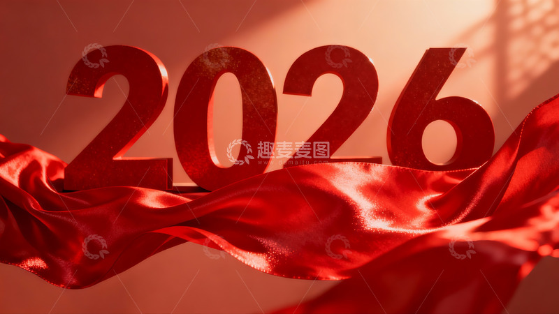 高清大图下载【趣麦麦图】红色绸带环绕的2026数字艺术