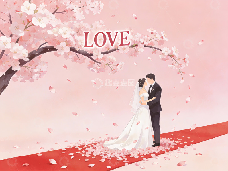高清大图下载【趣麦麦图】樱花树下新人相拥